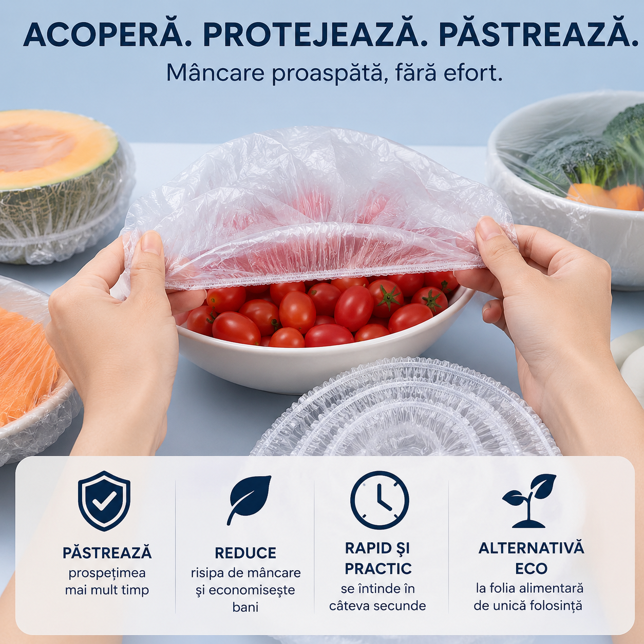 Pastrează Mancarea Proaspata Mai Mult Timp 100 Capace Elastice pentru Alimente